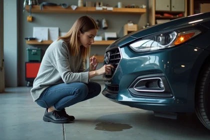Femme examinant un détecteur de stationnement Angeleye sur le pare-chocs d'une voiture dans un garage résidentiel