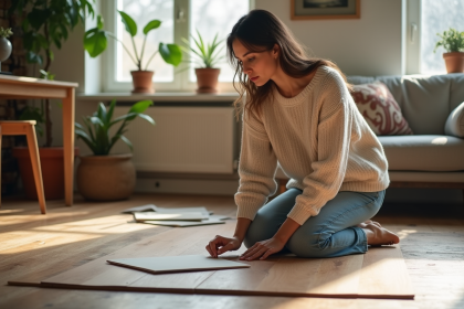 Femme en intérieur examine des échantillons de sol en parquet