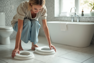 Femme examinant deux toilettes dans une salle de bain moderne