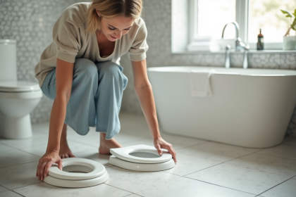 Femme examinant deux toilettes dans une salle de bain moderne