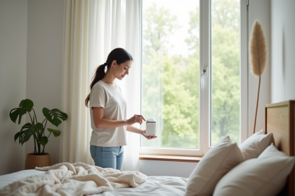Femme posant un absorbeur d'humidité dans une chambre moderne