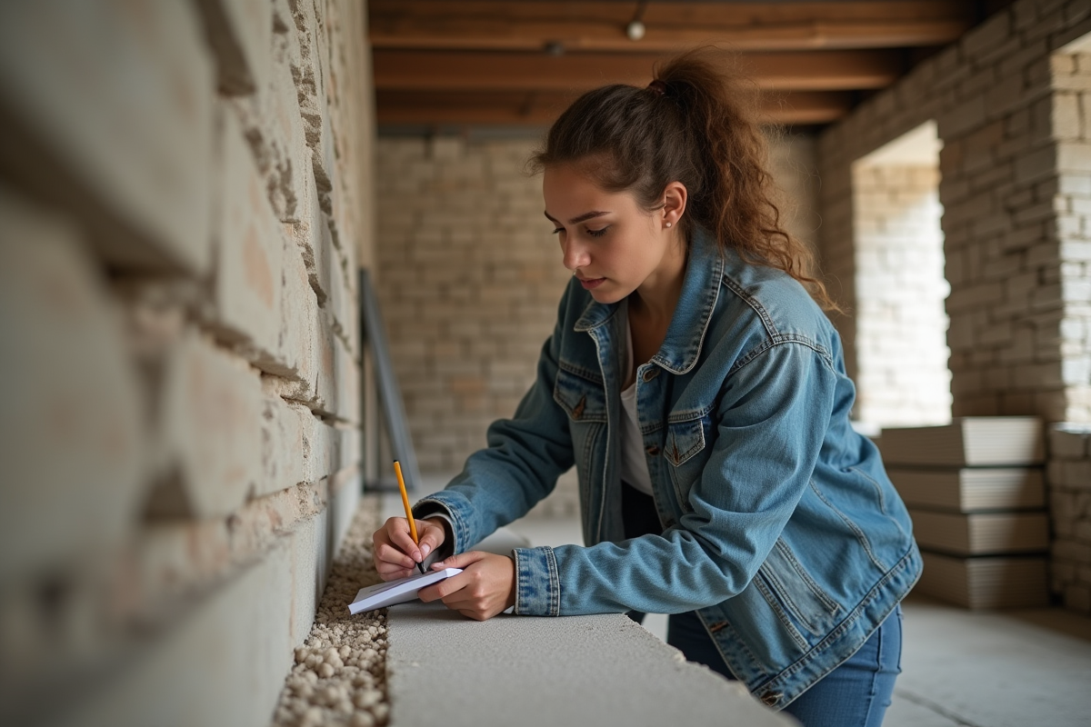 Jeune femme inspectant les joints de mortier dans un bâtiment ancien