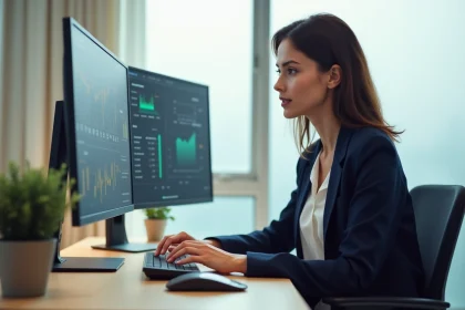 Femme investisseuse analysant des graphiques financiers sur un double écran dans un bureau à domicile moderne
