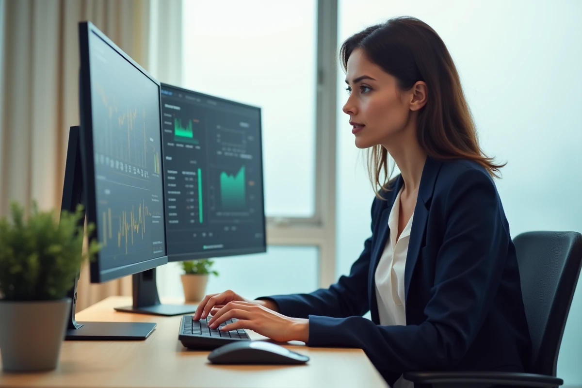 Femme investisseuse analysant des graphiques financiers sur un double écran dans un bureau à domicile moderne