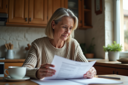 Femme examinant papier isolation dans cuisine française