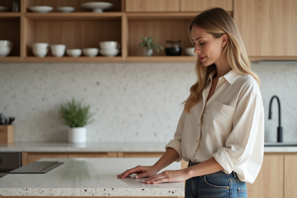 Jeune femme dans une cuisine moderne avec backsplash terrazzo