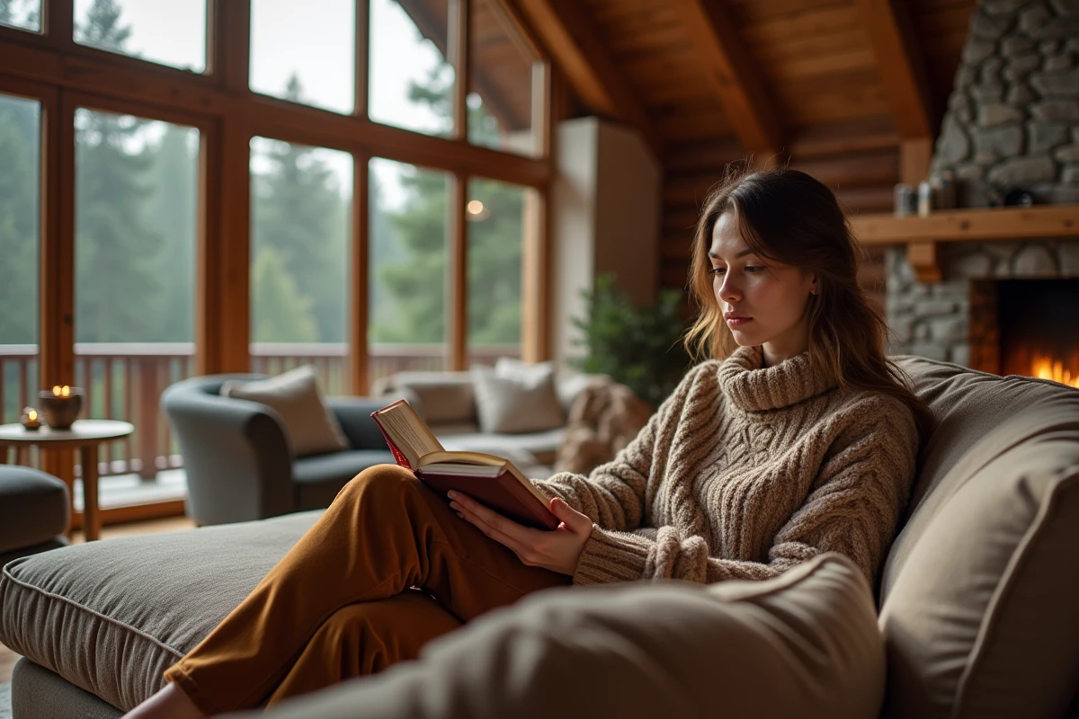 Femme lisant dans un salon chaleureux d’un chalet