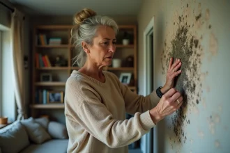 Femme examinant une tache de moisissure sur le mur intérieur