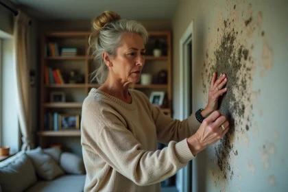 Femme examinant une tache de moisissure sur le mur intérieur
