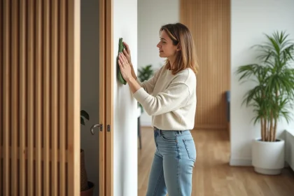 Femme nettoyant un panneau en bois dans un salon lumineux