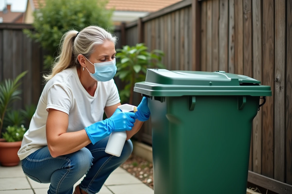 Femme portant des gants en caoutchouc qui nettoie et désodorise une poubelle verte dans un jardin de banlieue