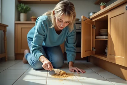 Femme en jean et pull bleu nettoyant des maggots dans la cuisine