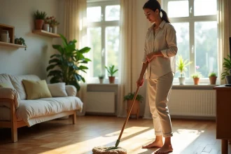 Femme en tenue écologique nettoyant un parquet en bois