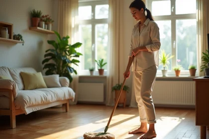 Femme en tenue écologique nettoyant un parquet en bois