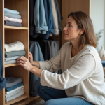 Femme organisée pliant des vêtements dans une chambre moderne