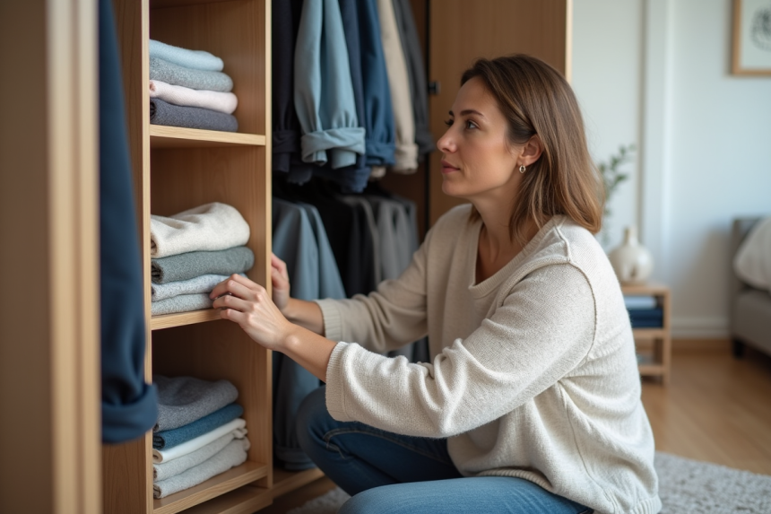 Femme organisée pliant des vêtements dans une chambre moderne