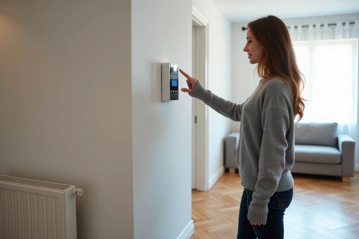 Femme programmant un thermostat connecté pour optimiser la régulation du chauffage central électrique