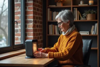 Femme ajustant un petit radiateur électrique économique dans un bureau à domicile en hiver