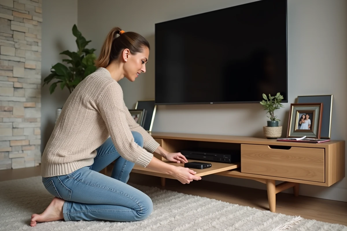 Femme plie un panneau de meuble media moderne