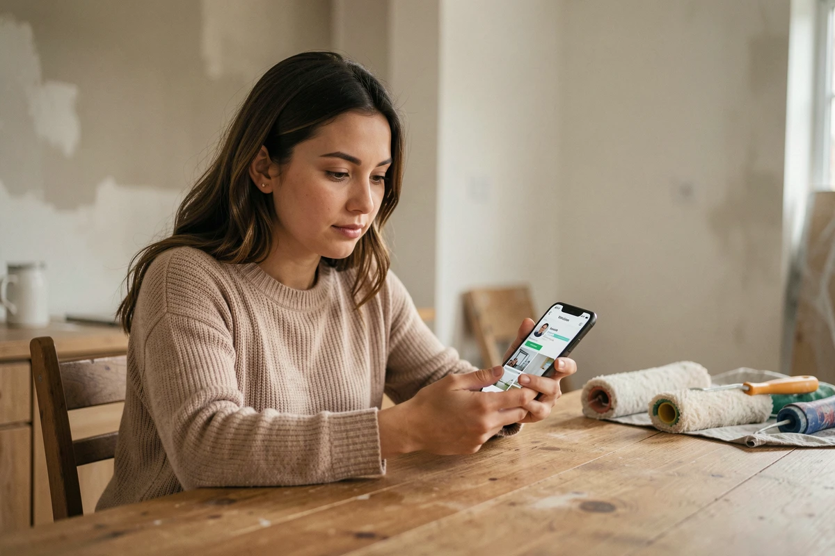 Femme consultant une plateforme de mise en relation avec des artisans sur son smartphone lors de travaux de rénovation