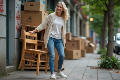 Femme souriante récupérant une chaise en bois dans la rue urbaine