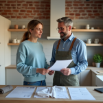 Femme réfléchissant aux plans de rénovation dans une cuisine moderne