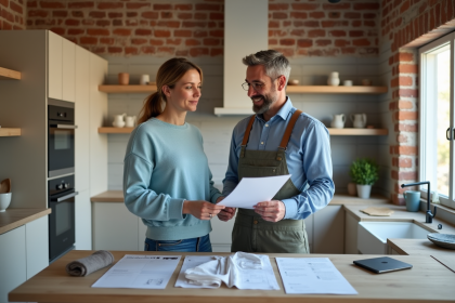 Femme réfléchissant aux plans de rénovation dans une cuisine moderne