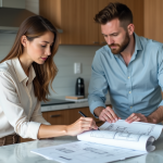 Femme discutant plans de renovation cuisine avec un entrepreneur