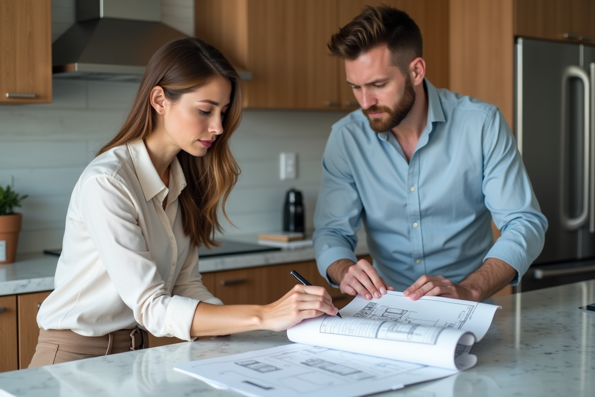 Femme discutant plans de renovation cuisine avec un entrepreneur