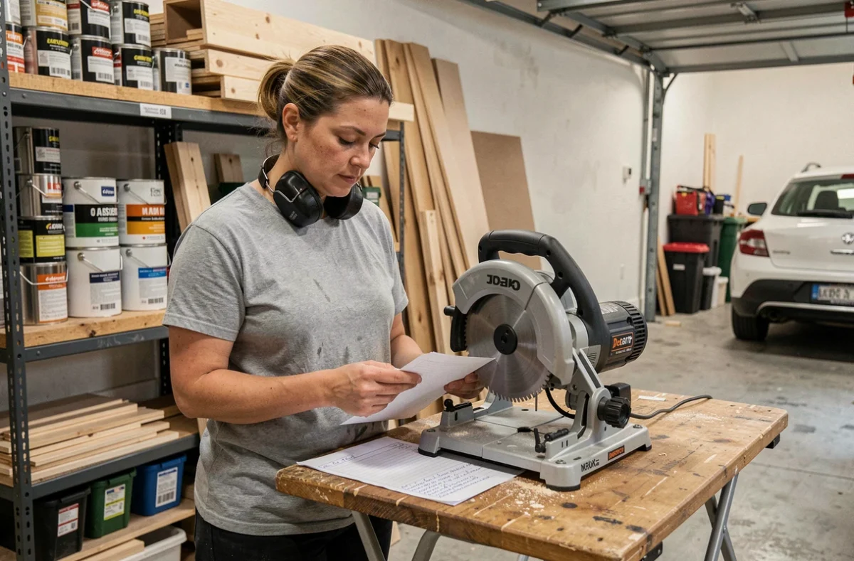 Femme consultant une liste de coupes à côté d'une scie radiale compacte dans un petit atelier de garage