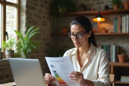 Femme consultant un simulateur DPE sur ordinateur dans un bureau éco-responsable avec des matériaux naturels