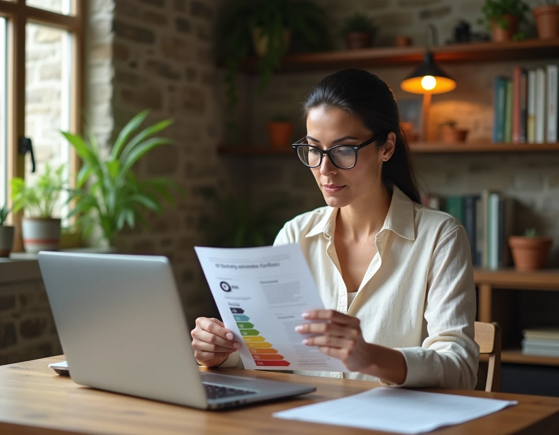 Femme consultant un simulateur DPE sur ordinateur dans un bureau éco-responsable avec des matériaux naturels