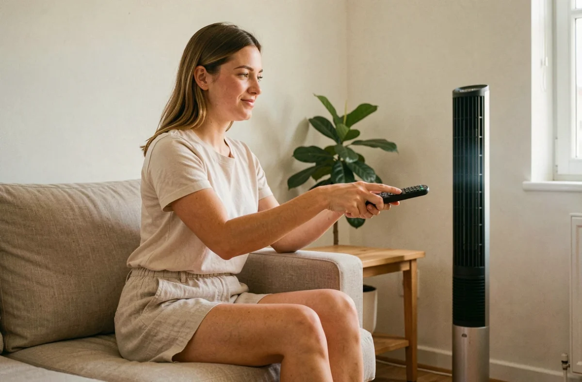 Femme utilisant la télécommande d'un ventilateur colonne dans un appartement moderne en été