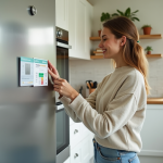 Femme regardant l'étiquette énergie d'un réfrigérateur moderne