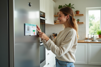 Femme regardant l'étiquette énergie d'un réfrigérateur moderne