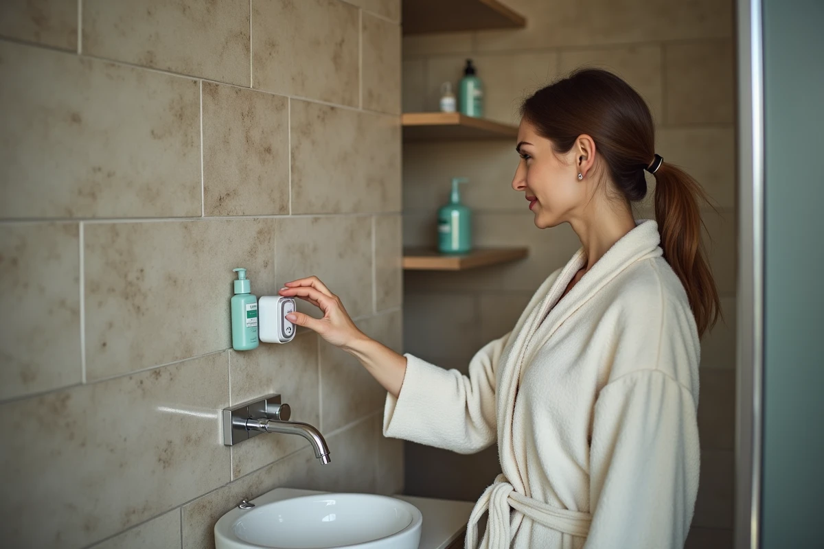 Femme vérifiant un minuteur de douche écologique