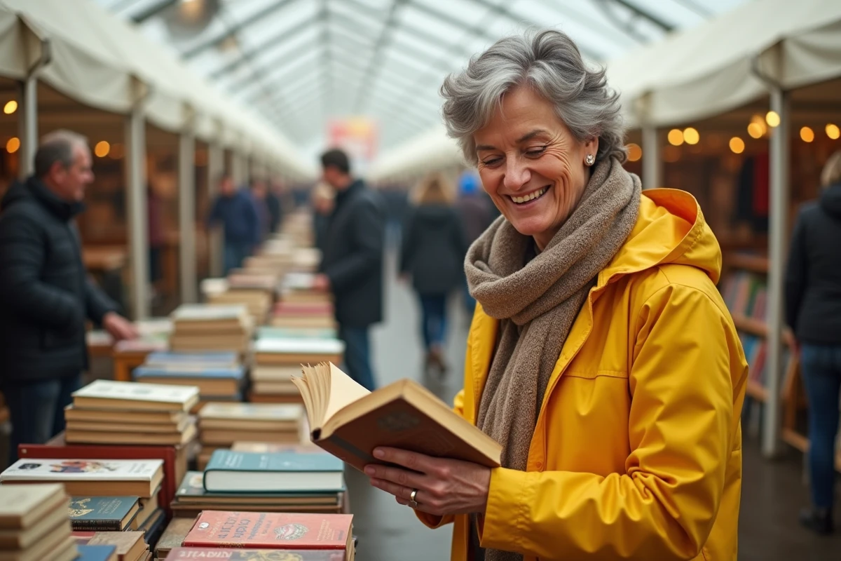 Femme souriante en imper à la brocante des Yvelines
