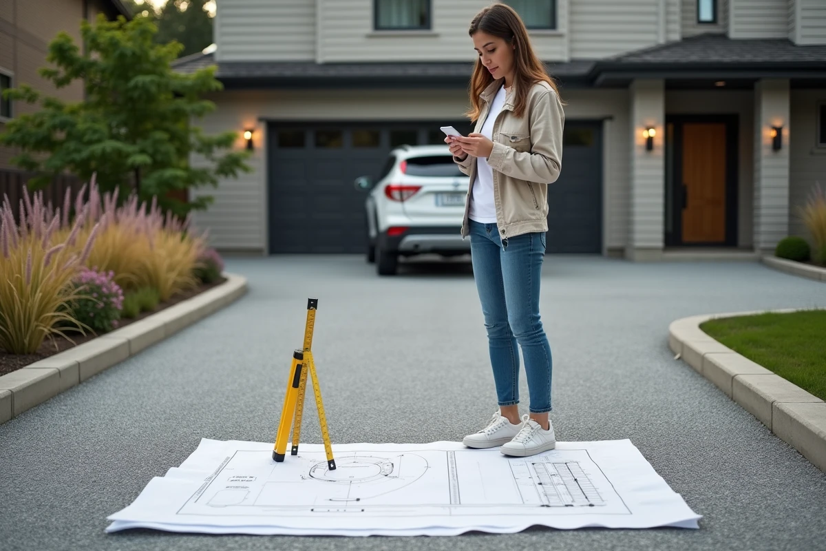 Jeune femme regardant le béton exposé devant sa maison