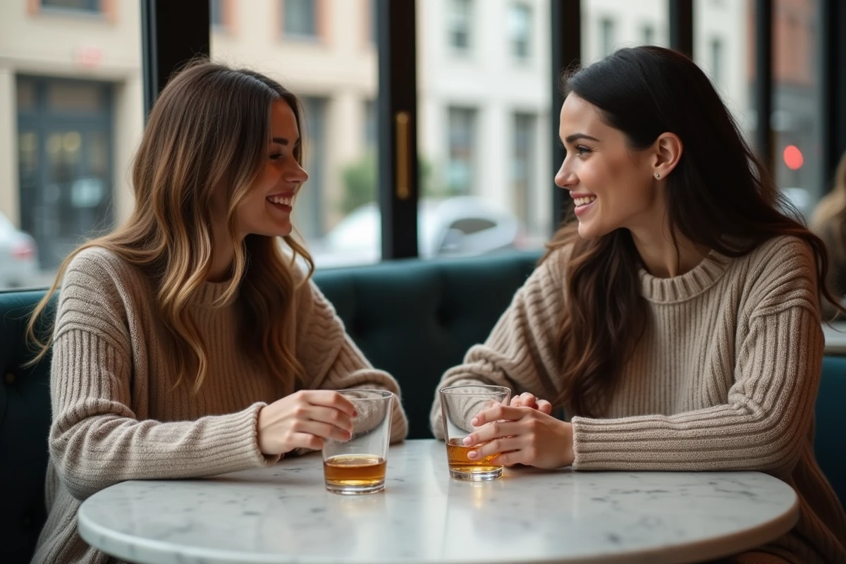 Deux femmes discutant autour de verres de whiskey au café