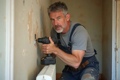 Artisan vissant un support pied en fonte pour radiateur sur un mur fragile en plâtre dans un appartement ancien