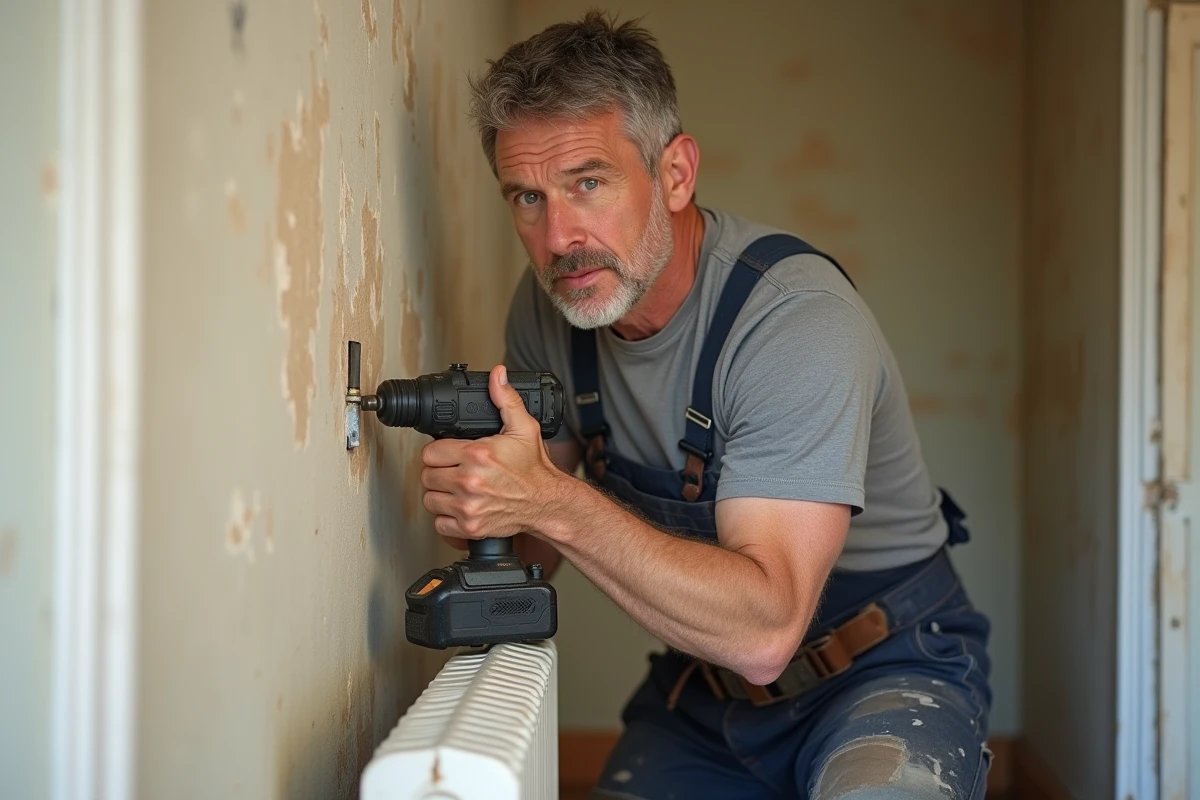 Artisan vissant un support pied en fonte pour radiateur sur un mur fragile en plâtre dans un appartement ancien