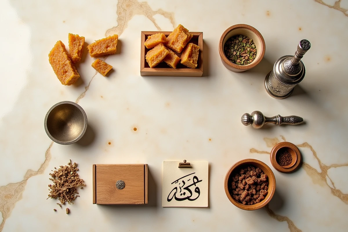 Flat lay d'encens arabe traditionnel avec résine d'oliban, mabkhara argentée et copeaux d'oud sur pierre naturelle