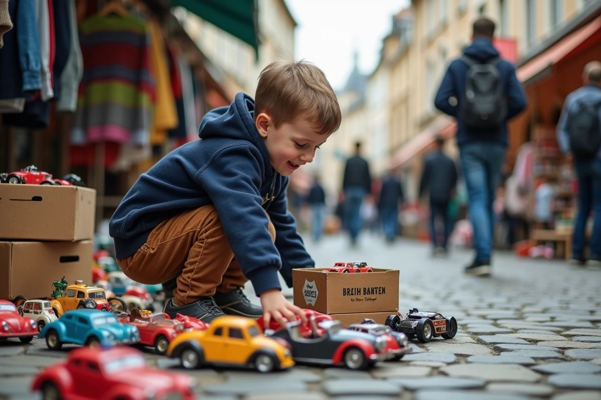 Jeune garçon examinant des jouets vintage lors d