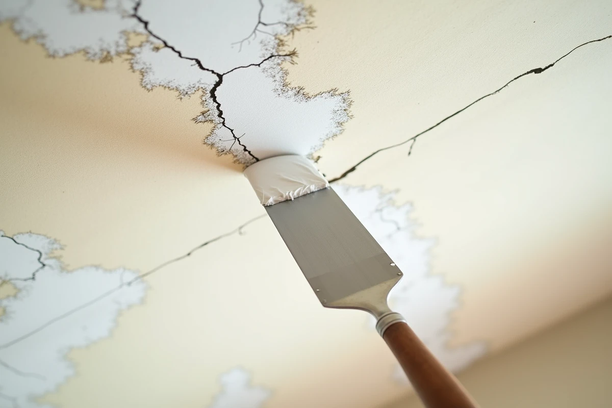 Gros plan sur une fissure de plafond en cours de rebouchage avec un couteau à enduire et de l'enduit blanc frais