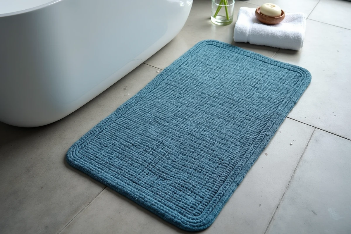 Gros plan sur un tapis de salle de bains antidérapant bleu anthracite avec semelle ventousée visible et fibres absorbantes en vue de dessus