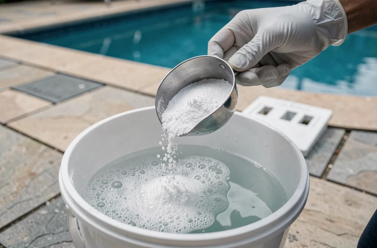 Gros plan sur le dosage précis de chlore choc versé dans un seau de prédilution pour piscine
