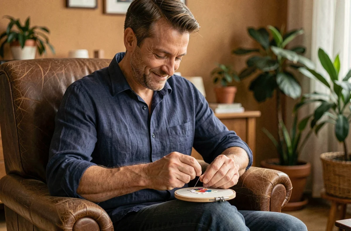Homme adulte pratiquant la broderie comme activité anti-stress dans un fauteuil confortable, ambiance intérieure chaleureuse