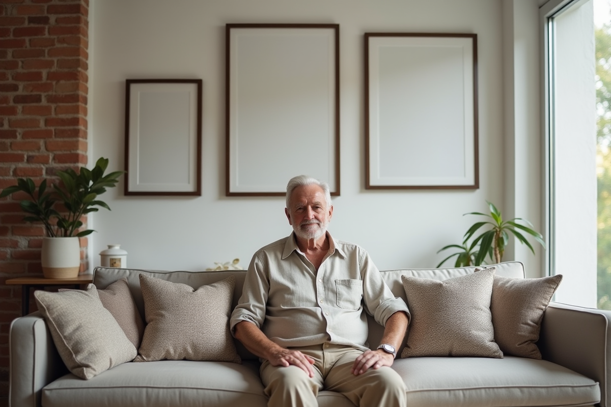 Homme âgé assis devant un mur d