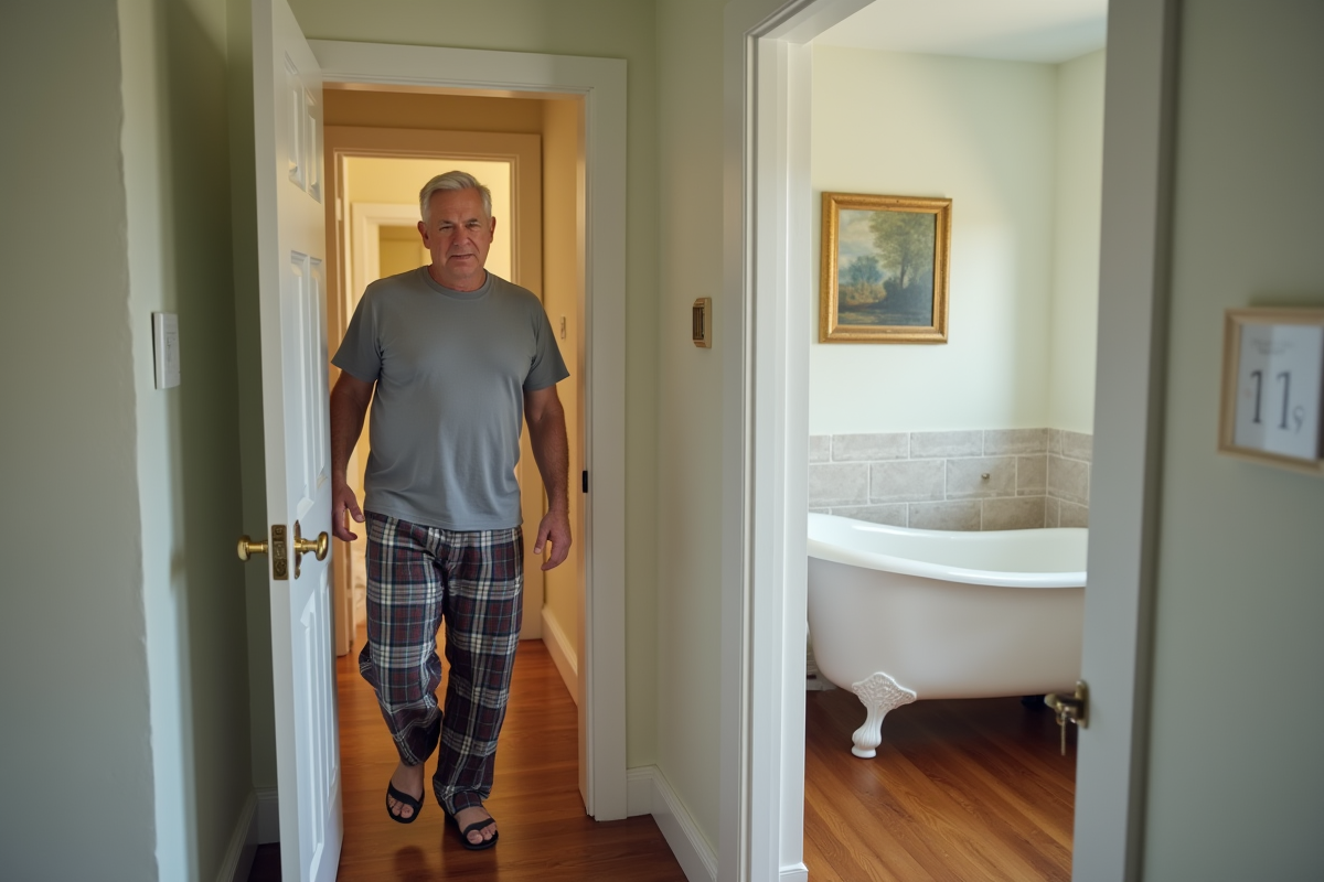Homme entrant dans la chambre avec baignoire ancienne