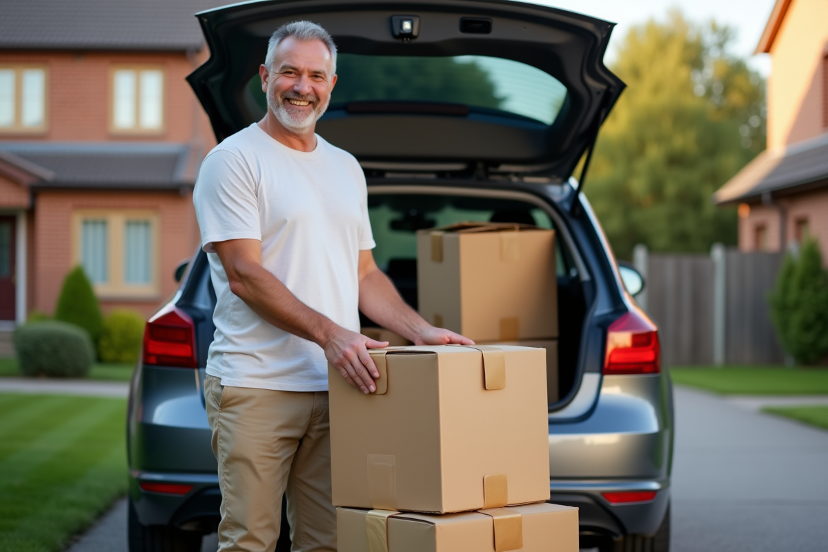 Homme chargeant des boîtes dans le coffre d